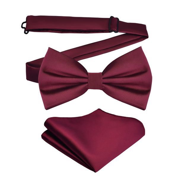 Branduce Mens Burgundy Bow Tie and Pocket Square Set for Wedding Silk Wine Red Pre-tied Bow tie Handkerchief (BB01-01)