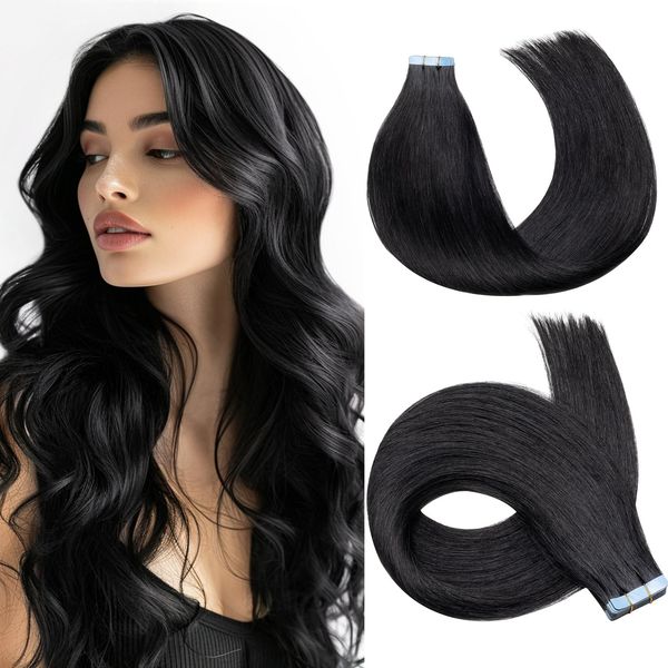 HEHUA Tape in Hair Extensions Human Hair, 1 Jet Black, Tape Hair Extensions, 14 inches 100g 40pcs Straight Seamless Skin Weft, Invisible Tape in Extensions Thick Ends Real Remy Hair Extensions