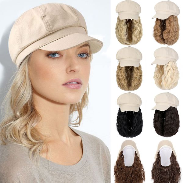 Qlenkay Newsboy Cap with Bob Hair Extensions Khaki Hat Wig 8 Panel Visor Beret Attached Synthetic 14'' Short Curly Wavy Hairpiece for Woman Ash Blonde