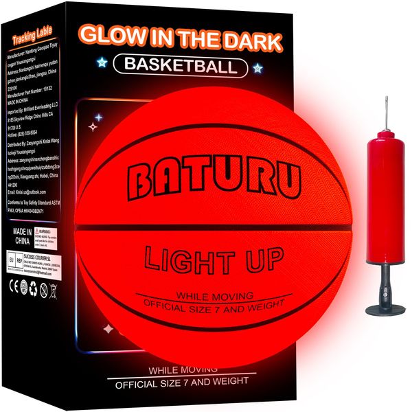 Glow in the Dark Basketball with 2 LED Lights, Size 7 (29.5"), Impact Activated Light Up Basketball for Teen Boys 8-15 Year Old, Indoor Outdoor Youth Basketball Toys Gifts Includes 12 Batteries