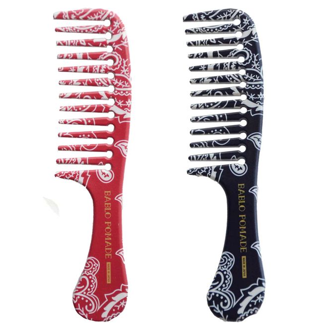 Bablo Pomade Grooming Comb Men's Wide Mesh Comb Red & Navy Bandana Paisley Pattern Set, Coarse Comb, Barbar, Made in Japan