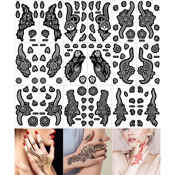 XMASIR 18 Sheets 9 Pairs Black Hollow Temporary Tattoo Stencil Kit, Indian Arabian Flower Tattoo Sticker for Women Girls Art Painting