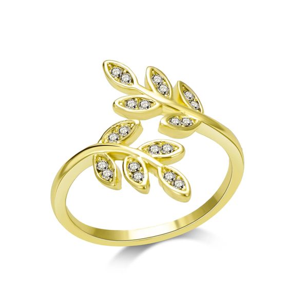 Philip Jones Gold Plated Adjustable Leaf Ring Created with Zircondia® Crystals