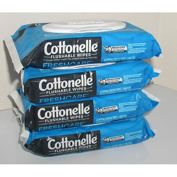 4 RESEALABLE PACKAGES OF COTTONELLE FLUSHABLE WIPES 42 WIPES/168 TOTAL WIPES