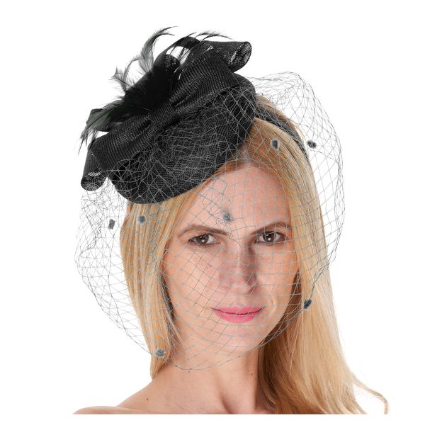 Caprilite Round Pillbox Birdcage Veil Bow Sinamay Headband Fascinator Weddings Ascot Races (Black)