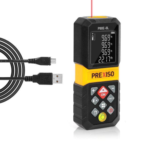 PREXISO Laser Measure, 265Ft Rechargeable Laser Distance Meter with Multi-Measurement Units M/in/Ft, Backlit LCD 4 Line Display, and Pythagorean, Distance, Area, Volume Modes