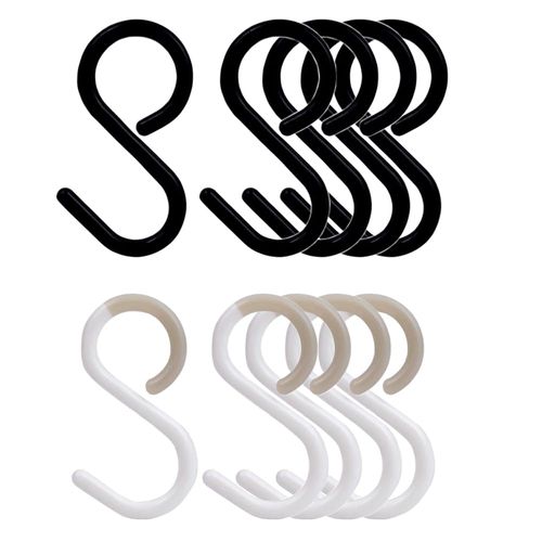 KCKEYS Secure & Quiet Plastic S Hooks, Flexible Neck for Easy Twist & Lock, Completely Rust-Free, Holds up to 10 lbs, (Black+White 10pcs, Small(2.4In))