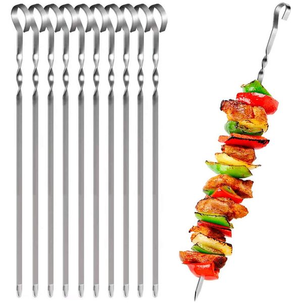 Barbecue Skewers, 38cm Inch Flat Long Reusable Stainless Steel Metal Skewers, Cabob Meat Shrimp Chicken Vegetable Shish Kebab