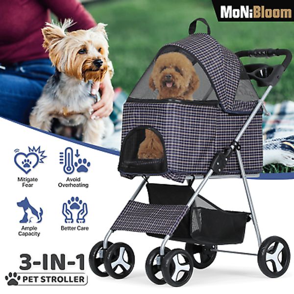 4 Wheels Pet Stroller Foldable Cat Cage Puppy Stroller Storage Basket+Cup Holder