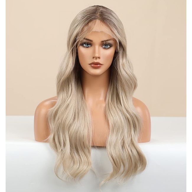 EALGA Body Wave Blonde Wig with Baby Hair, Synthetic Hair Ombre Brown Lace Front Wigs for Women, Natural Looking Long Wig 22 inch EALGA-088