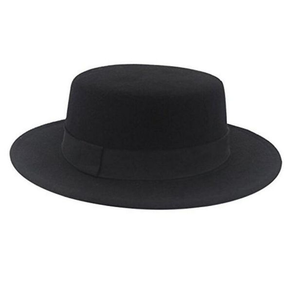 ASTRQLE Fashion Black Wool Blend Flat Brim Elegant Fedora Hat Panama Style Bowler Cap Jazz Hat with Belt for Winer Autumn