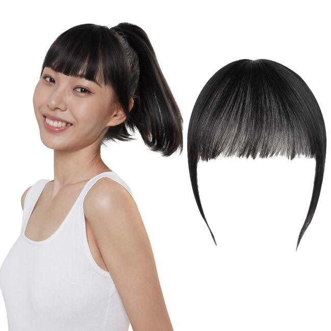 LUCY LEE Partial Wig, 100% Human Hair, Bangs Wig, Parietal Area, Artificial Skin, Natural Parting, Wig, Medical Use, Hide Gray Hair, Alopecia, Air Feel, Heat Resistant, Ladies, Small Face, One Touch, Easy, Easy to Use, Extension Wig (Natural Black)
