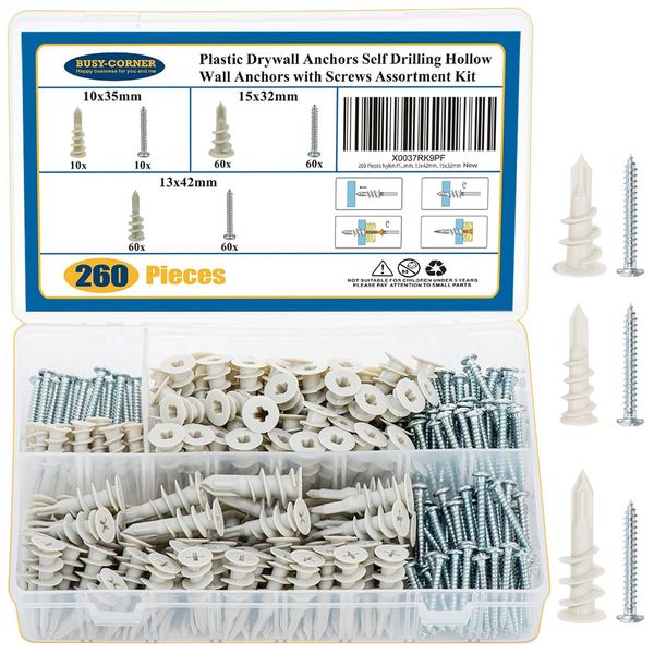 260 Pieces Drywall Anchors Self Drilling Hollow Wall Anchors with Screws, No Pre Drill Hole Preparation Required, Nylon Plastic, 10x35mm, 13x42mm, 15x32mm