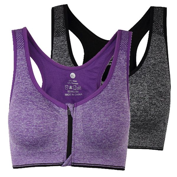 ohlyah Women's Zipper Front Closure Sports Bra Racerback Yoga Bras (XXXL 40DD 42D 44B 44C 44D, 2 Pack: Purple Grey)