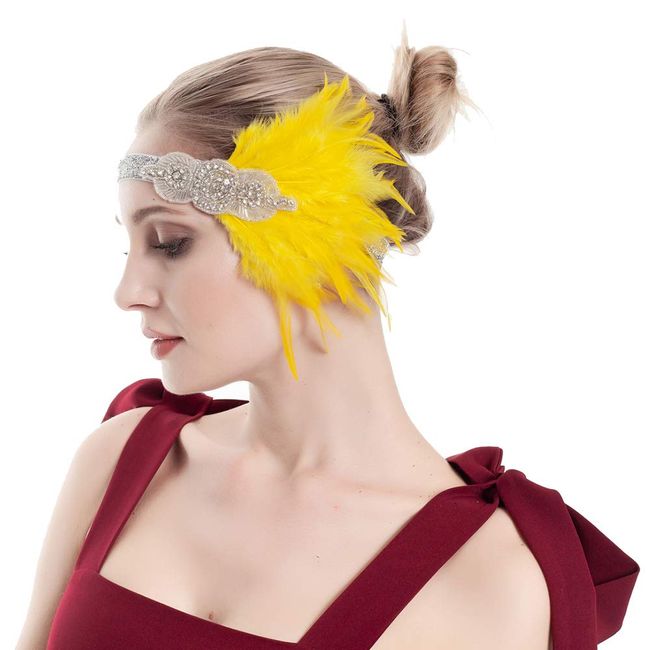 Art Deco 1920s Accessories Flapper Headband 20s Feather Headpiece Gatsby Costume Peacock Hair Accessories, 03yellow, One Size