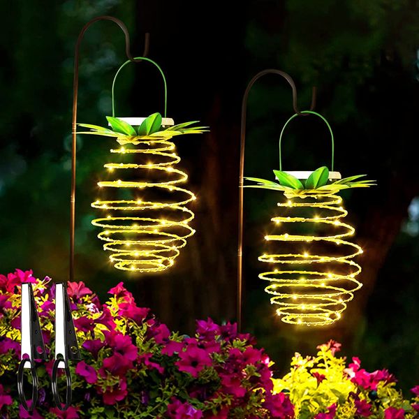 Tcamp 2 Pack 60LEDS Pineapple Solar Lights Outdoor Solar Lights Hanging Solar Lantern with Handle, Solar Powered Garden Outdoor Decorative Pineapple Lights for Patio Yard Porch Path (Warm White)