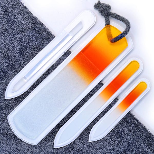 Genuine Czech Glass Nail File Set - Two-Sided Different Grit Surface, Callus Remover Foot Rasp, Precision Filing Cuticle Pusher, Manicure & Pedicure, Professional Nail Care, EU Quality (Yellow Orange)