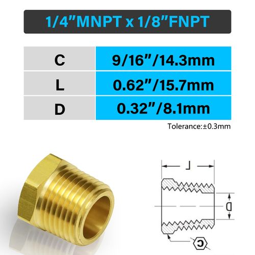 Vis Reducing Brass Pipe Fitting, Reducer Hex Bushing, 1/4" NPT Male x 1/8" NPT Female (3220BA, Pack of 20)