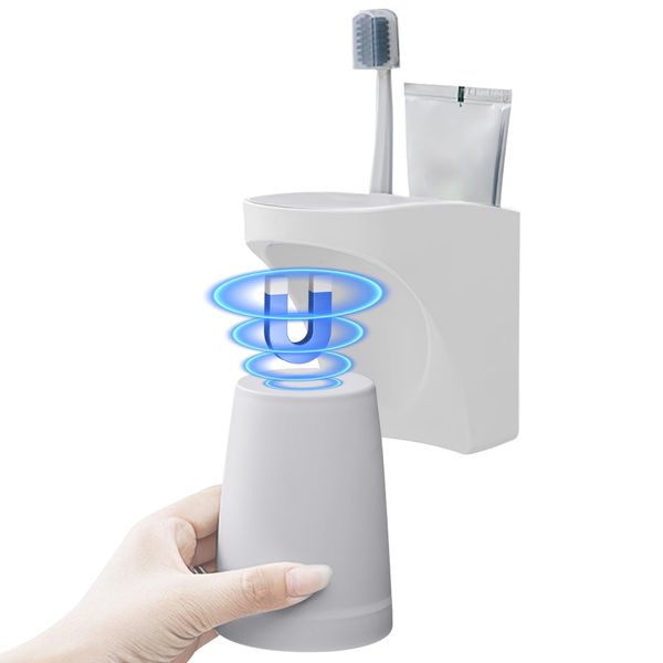 ALLMIRA Toothbrush Stand, Toothbrush Holder, Cup Stand, Magnet, Lavatory, Wall Mounted, Toothpaste, Storage, Cup Stand, Toothpaste, Electric Toothbrush, Stylish (Gray)