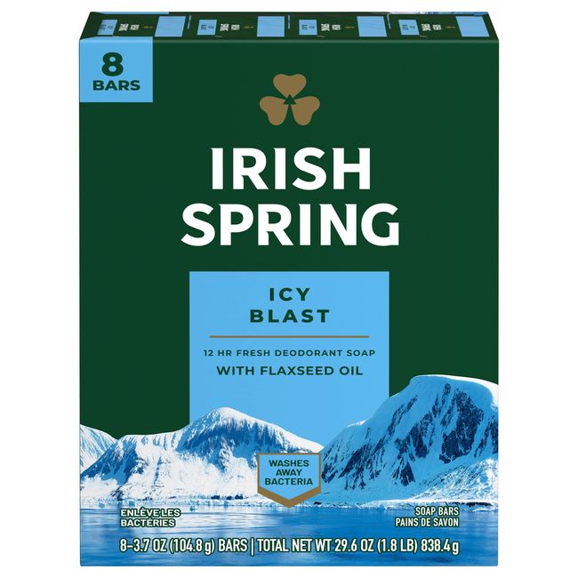 Irish Spring Icyblast Cool Refreshment Deodorant Soap Unisex Soap 8 Count (0737052216546)