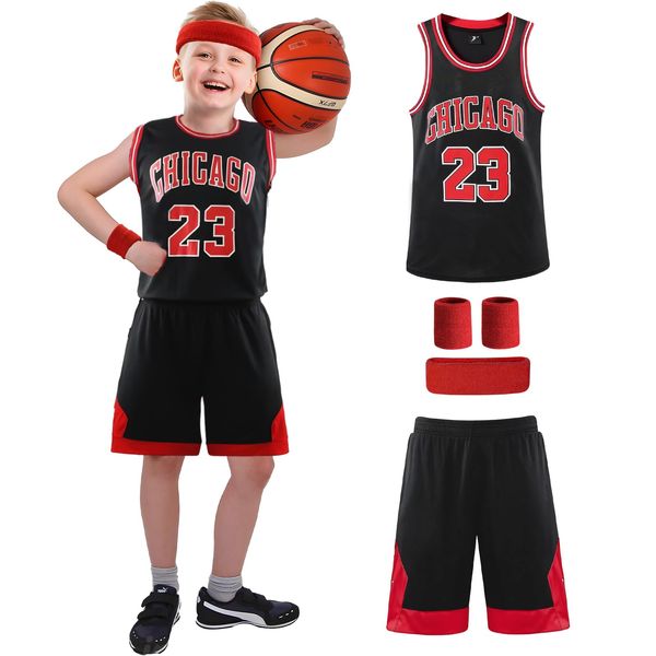 Erwachsene Kinder Basketball Trikot Shirt und Shorts 4 Stück Nr.23 Basketball Kleidung mit Wrist Wraps, Mode Ärmellose Basketball Jersey, Hochwertige Basketball Trainings und Spiel Trikot (Schwarz)