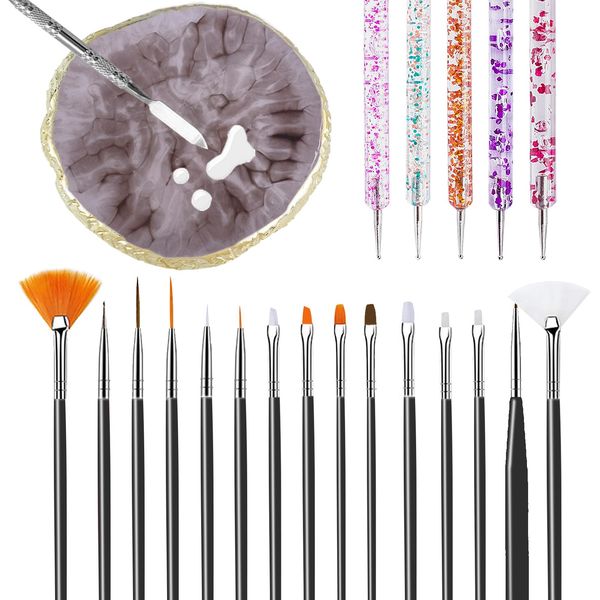 22 Pcs Nail Art Brushes Set, 1 Pcs Resin Nail Art Palette, 15 Pcs Nail Art Brushes, 5 Pcs Nail Art Dotting Pens, A Spatula, Nail Design Tools for Nail Art Home Salon