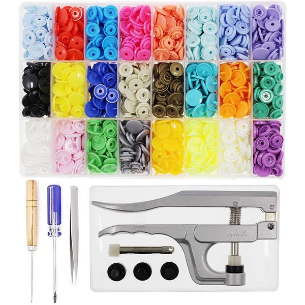 KAM Snaps Buttons + Snap Pliers, Starter Fasteners Kit, 384 Sets 24-Colors, Size 20 T5 KAM Snap Plastic Fasteners Punch Poppers Closures No-Sew Buttons for Crafts Cloth Diaper Bibs