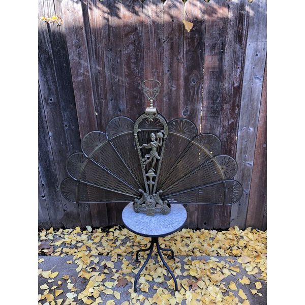 Vintage Brass Peacock Fan Folding Fireplace Screen