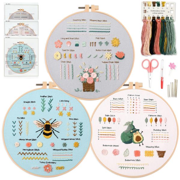 Myfelicity 3 Embroidery kit for Beginners, Embroidery Starter Kits to Learn 28 Different Stitches, Including Fabric with Prints, Threads, Needles, Hoop and Video tutorials…