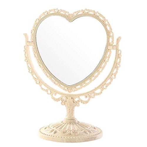 Queen-b Tabletop Mirror, Heart Shape, Cute, Stylish, Makeup, Cosmetics, Beauty, Makeup Mirror, Stand, 360° Rotation, Girls, Princess, Convenient Desk, Gift (Beige)