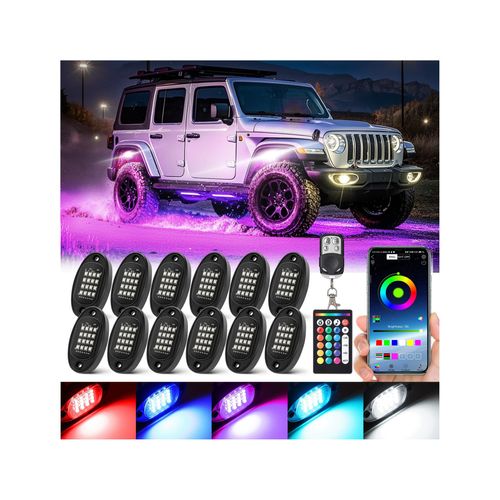 12 Pods RGB LED Rock Lights for Jeeps Trucks Golf Cart Offroad ATV UTV RZR SXS, Waterproof Multicolor Underglow Kit with Dual Zone Brake, Neon Underbody Light with App Remote Control Music Sync 12V