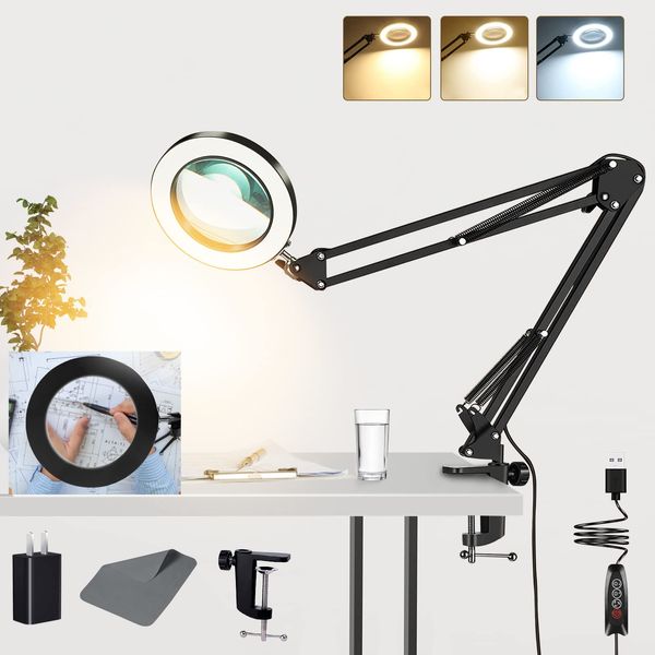 10X Magnifying Glass Lamp, Adjustable Swing Arm 72 LEDs Real Glass Lens Magnifier Light,3 Color Modes 10 Stepless Dimmable,Perfect for Daily Reading,Hobbies, Crafts, Workbench (Black)