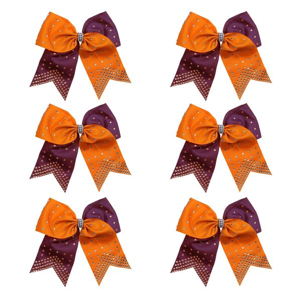 8 Inch 2 Colors Cheerleader Bows Ponytail Holder with Rhinestones Hair Tie Cheerleading Bows 6 Pcs (Maroon/Orange)