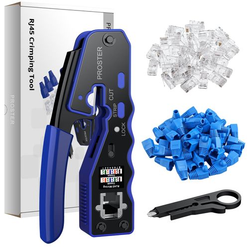 Proster RJ45 Crimp Tool Set All-in-one RJ45 Crimping Tool Kit with 50 PCS CAT6 Pass Through Connectors 50 PCS RJ45 Cat6 Protection Covers RJ45 Pass Through Crimp Tool
