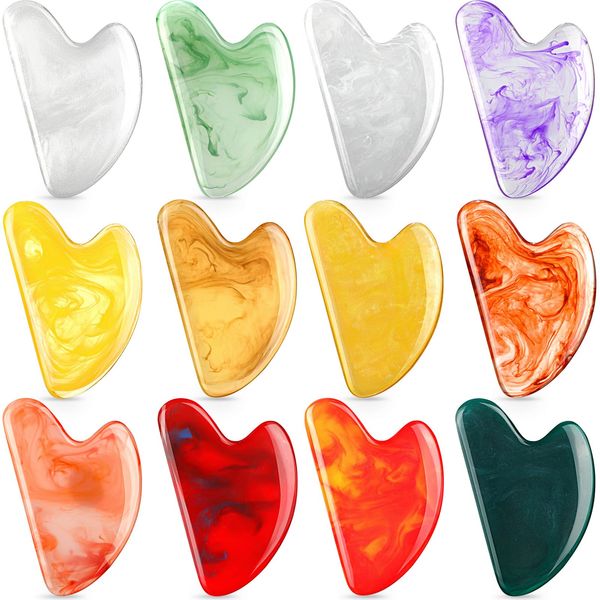 Sherr 12 Pcs Gua Sha Facial Tools Heart Shaped Massage Guasha Tool for Face Scraping Guasha Stone Massager Guasha Board for Spa Women Body Skin Care Reduce Muscle Tensions, 12 Colors (Retro Color)