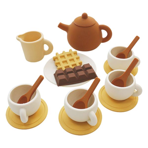 Silicone Tea Party Set, Toy Tea Set for Girls Kids ToddlersTea Set with Tea Pot Cups Food(Chocolate and Waffles), Pretend Play Kitchen Accessories(Brown)