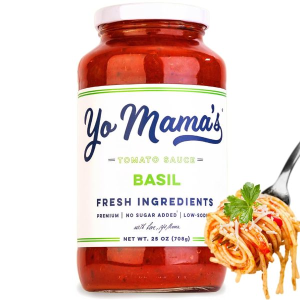 Yo Mama's Foods Keto Tomato Basil Pasta Sauce - Pack of (1) - No Sugar Added, Low Carb, Low Sodium, Vegan, Gluten Free, Paleo Friendly, and Made with Whole, Non-GMO Tomatoes