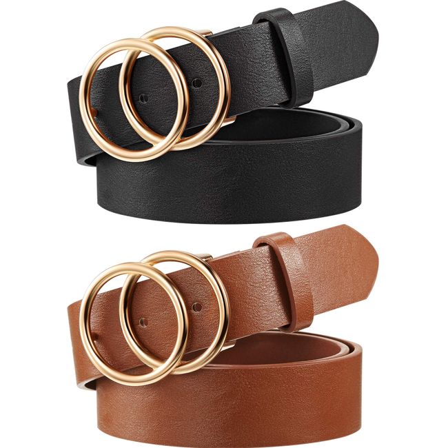 Syhood 2 Pack Women's Leather Belts for Jeans Dresses Fashion Ladies Belt with Gold Double Ring Buckle Brown Black