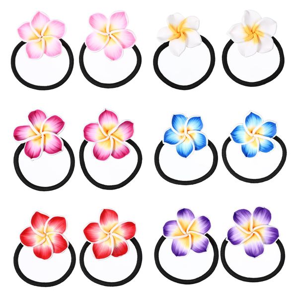 Lurrose 12PCS Plumeria Hair Ties Soft Ceramic Hair Ring Flower Hair Rope Black Rubber Band Flower Hair Bands for Girls