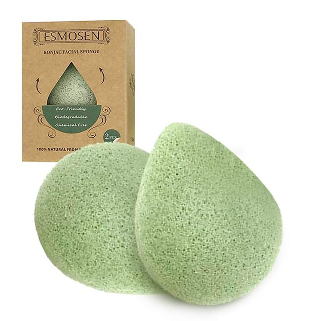 ESMOSEN 2 pc 100% Natural Green Tea konjac Facial sponges for deep face Cleansing and Gentle exfoliating, Safe for Delicate and Sensitive Skin