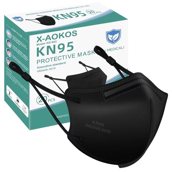 X-AOKOS KN95 Protective Face Mask 20 Pack, Disposable Respirator Masks with Adjustable Ear Straps and Sponge Pad, Black