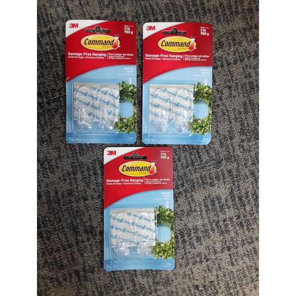 3 Pack: 3M Command 2-Medium Clear Hooks & 4 Adhesive Strips Per Pack - E2D