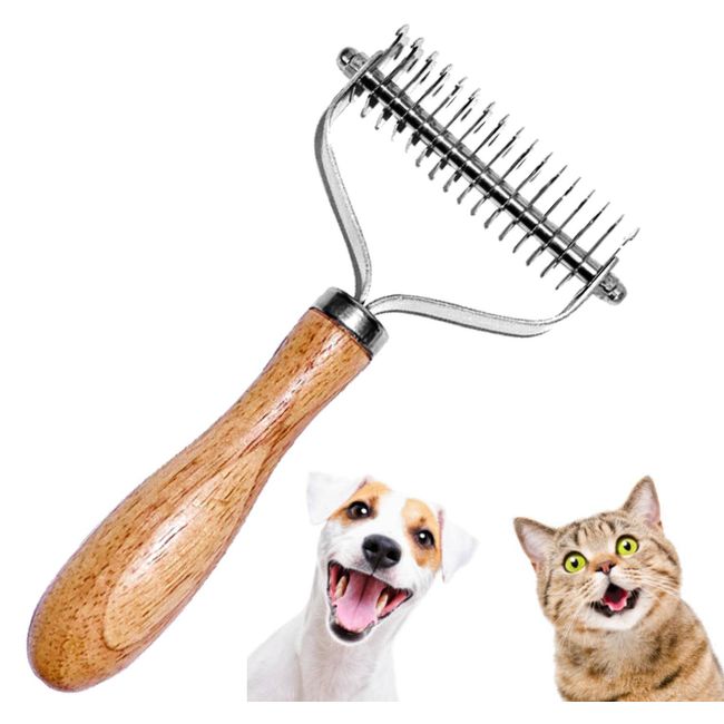 fogman Pet Comb Hair Remover Brush Hair Loss Dogs Cats Painless, Short Hair, Long Hair, Wooden Handle, Double Sided