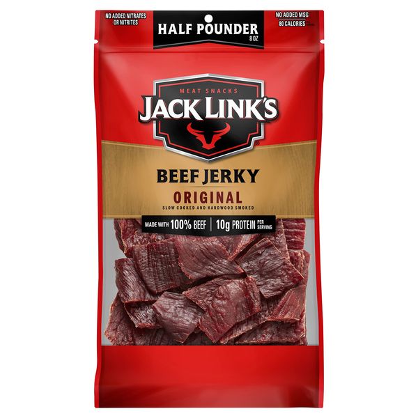 Jack Link's Beef Jerky, Original, 1/2 Pounder Bag - Flavorful Meat Snack, 10g of Protein and 80 Calories, Made with Premium Beef - 96% Fat Free, No Added MSG** or Nitrates/Nitrites, 8oz