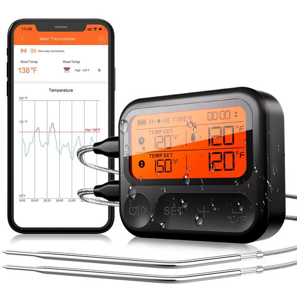 BFOUR Digital Meat Thermometer for Grilling and Smoking, Bluetooth Meat Thermometer Wireless Dual Meat Probe for Outdoor Grilling, Rechargeable Waterproof Smoker Thermometer with Magnetic Back