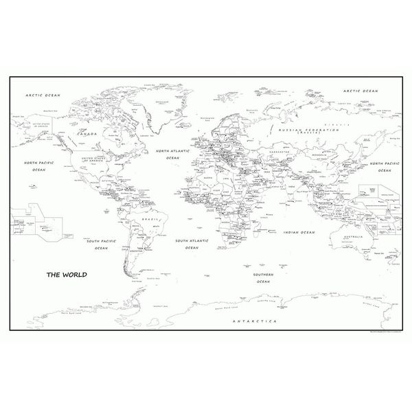 Simple Black & White World Map-Plastic Coated 2A (119cm x 168cm)