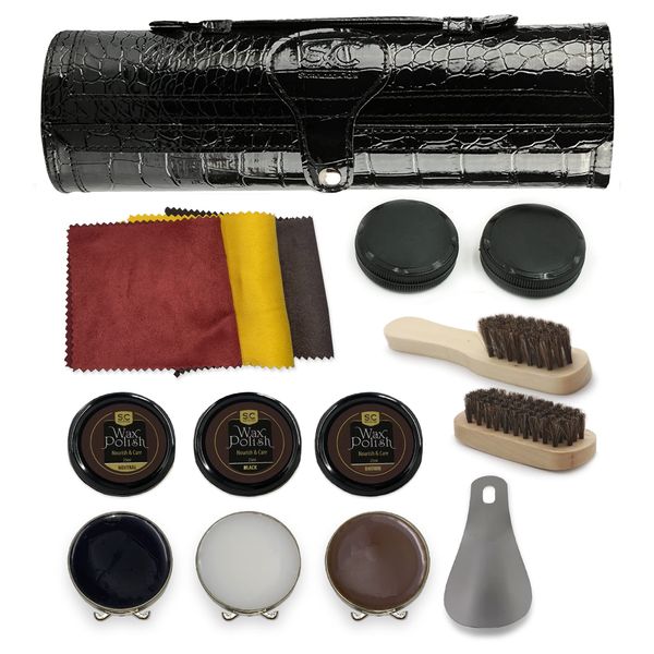 12PC Shoe Polish & Care Kit - Leather Shoe Shine Kit with Brown Wax and Shoe Polish Brush - Compact Shoe Shine Kit, black textured