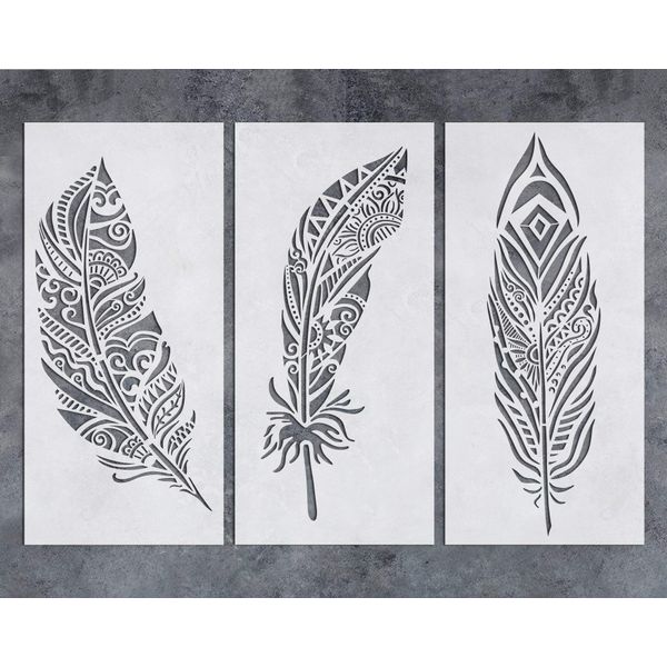 GSS Designs Feather Wall Stencil (3 Pack) - Large Fancy Mandala Feather Stencil (8x17 Inch) for Painting on Wall Furniture Floor Fabric Stencils - Reusable Stencils Template for Wall Decor (SL-079)