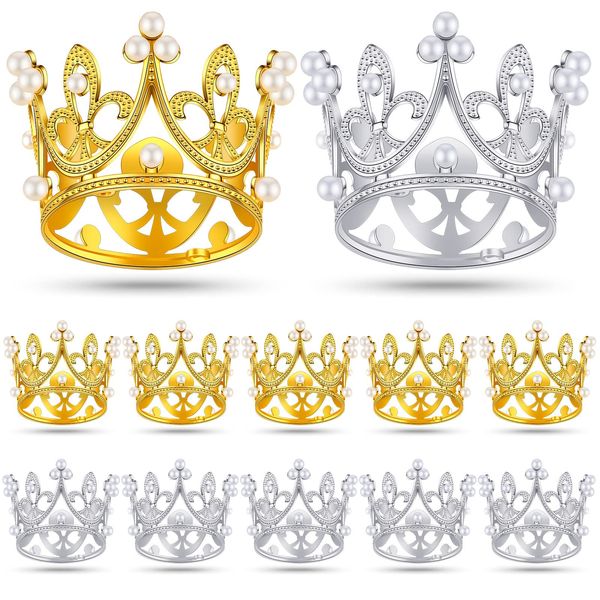 Funrous 12 Pieces Crown Cake Topper Queen Crown Mini Crown Tiny Crown for Cake Topper Princess Decorative Crown Pearl Crystal Tiara Cupcake Decoration for Wedding(Gold, Silver)