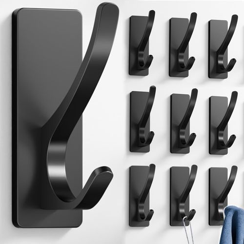 Josmimic 10-Pack Self Adhesive Towel Hooks: Extra Strong 13LB, Stainless Hook for Hanging Loofah, Towels, Coat, Bath Robe Bathroom Shower, Black